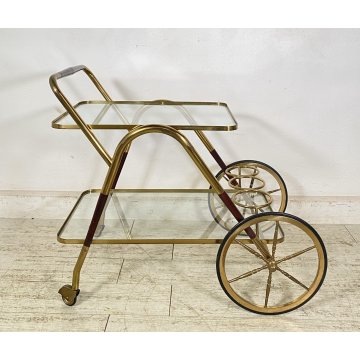 ANTICO CARRELLO BAR DESIGN PORTAVIVANDE ANNI 50 LEGNO OTTONE CARRELLINO VASSOIO