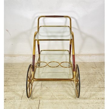 ANTICO CARRELLO BAR DESIGN PORTAVIVANDE ANNI 50 LEGNO OTTONE CARRELLINO VASSOIO