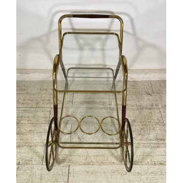ANTICO CARRELLO BAR DESIGN PORTAVIVANDE ANNI 50 LEGNO OTTONE CARRELLINO VASSOIO