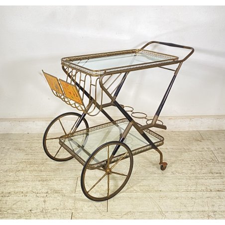 ANTICO CARRELLO BAR DESIGN PORTAVIVANDE ANNI 50 LEGNO OTTONE CARRELLINO VASSOIO