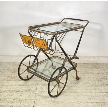 ANTICO CARRELLO BAR DESIGN PORTAVIVANDE ANNI 50 LEGNO OTTONE CARRELLINO VASSOIO