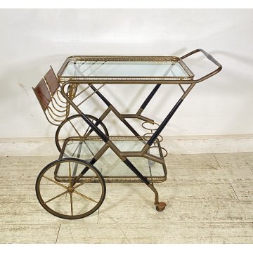 ANTICO CARRELLO BAR DESIGN PORTAVIVANDE ANNI 50 LEGNO OTTONE CARRELLINO VASSOIO