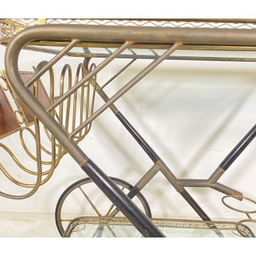 ANTICO CARRELLO BAR DESIGN PORTAVIVANDE ANNI 50 LEGNO OTTONE CARRELLINO VASSOIO