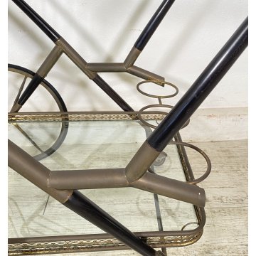 ANTICO CARRELLO BAR DESIGN PORTAVIVANDE ANNI 50 LEGNO OTTONE CARRELLINO VASSOIO