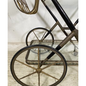 ANTICO CARRELLO BAR DESIGN PORTAVIVANDE ANNI 50 LEGNO OTTONE CARRELLINO VASSOIO