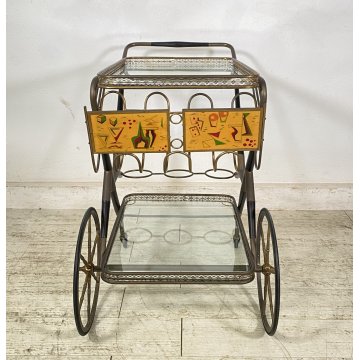 ANTICO CARRELLO BAR DESIGN PORTAVIVANDE ANNI 50 LEGNO OTTONE CARRELLINO VASSOIO