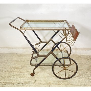 ANTICO CARRELLO BAR DESIGN PORTAVIVANDE ANNI 50 LEGNO OTTONE CARRELLINO VASSOIO