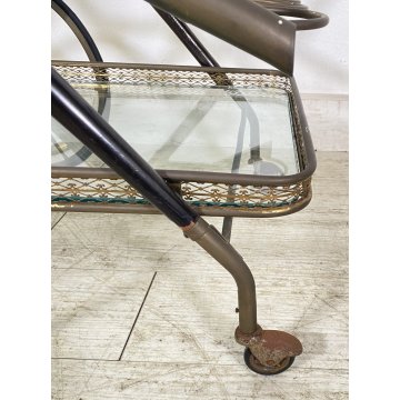 ANTICO CARRELLO BAR DESIGN PORTAVIVANDE ANNI 50 LEGNO OTTONE CARRELLINO VASSOIO