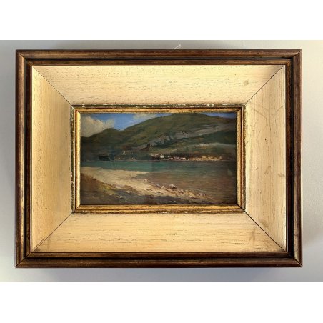 PICCOLO QUADRO DIPINTO OLIO TAVOLETTA PAESAGGIO Lago Maggiore MONTAGNE SPIAGGIA