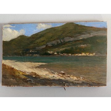 PICCOLO QUADRO DIPINTO OLIO TAVOLETTA PAESAGGIO Lago Maggiore MONTAGNE SPIAGGIA