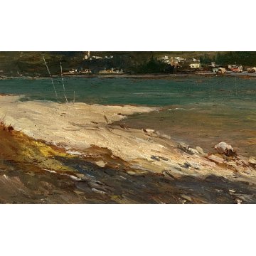 PICCOLO QUADRO DIPINTO OLIO TAVOLETTA PAESAGGIO Lago Maggiore MONTAGNE SPIAGGIA
