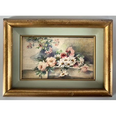 PICCOLO QUADRO ACQUERELLO FIRMA A.B. NATURA MORTA BOUQUET FIORI ROSE MARGHERITE