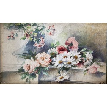 PICCOLO QUADRO ACQUERELLO FIRMA A.B. NATURA MORTA BOUQUET FIORI ROSE MARGHERITE
