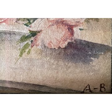 PICCOLO QUADRO ACQUERELLO FIRMA A.B. NATURA MORTA BOUQUET FIORI ROSE MARGHERITE