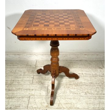 ANTICO TAVOLINO LEGNO INTARSIATO GIOCO SCACCHI TORNITO TAVOLO SALOTTO VINTAGE