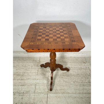 ANTICO TAVOLINO LEGNO INTARSIATO GIOCO SCACCHI TORNITO TAVOLO SALOTTO VINTAGE