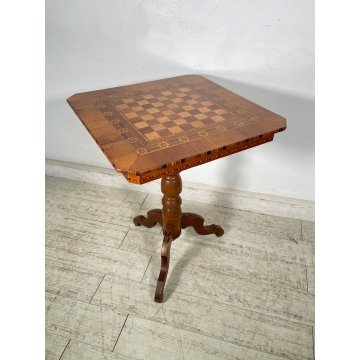 ANTICO TAVOLINO LEGNO INTARSIATO GIOCO SCACCHI TORNITO TAVOLO SALOTTO VINTAGE