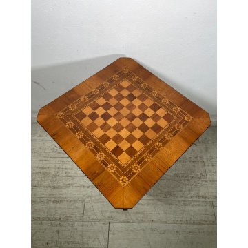 ANTICO TAVOLINO LEGNO INTARSIATO GIOCO SCACCHI TORNITO TAVOLO SALOTTO VINTAGE