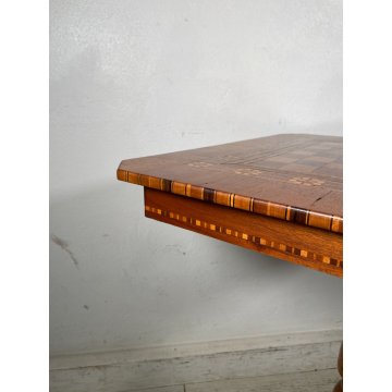 ANTICO TAVOLINO LEGNO INTARSIATO GIOCO SCACCHI TORNITO TAVOLO SALOTTO VINTAGE