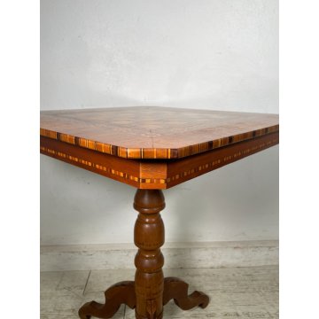 ANTICO TAVOLINO LEGNO INTARSIATO GIOCO SCACCHI TORNITO TAVOLO SALOTTO VINTAGE