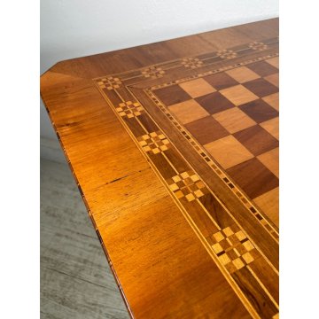 ANTICO TAVOLINO LEGNO INTARSIATO GIOCO SCACCHI TORNITO TAVOLO SALOTTO VINTAGE