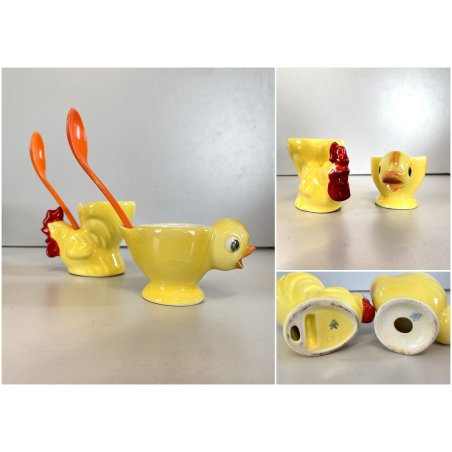 PORTA UOVO VINTAGE CERAMICA PULCINO GALLINA Goebel SMALTO GIALLO CUCCHIAINO '50