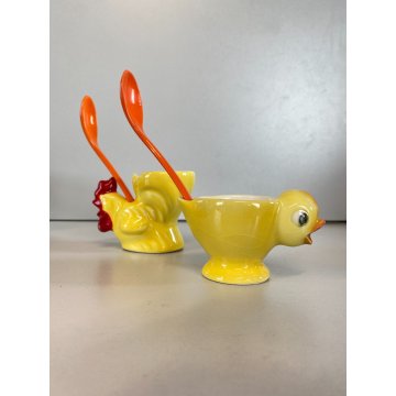 PORTA UOVO VINTAGE CERAMICA PULCINO GALLINA Goebel SMALTO GIALLO CUCCHIAINO '50