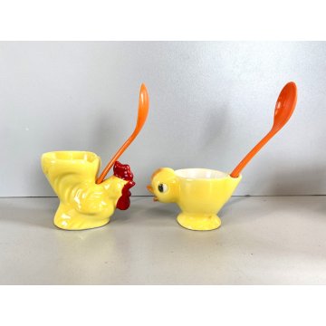 PORTA UOVO VINTAGE CERAMICA PULCINO GALLINA Goebel SMALTO GIALLO CUCCHIAINO '50
