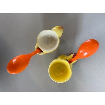 PORTA UOVO VINTAGE CERAMICA PULCINO GALLINA Goebel SMALTO GIALLO CUCCHIAINO '50