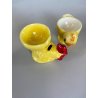 PORTA UOVO VINTAGE CERAMICA PULCINO GALLINA Goebel SMALTO GIALLO CUCCHIAINO '50
