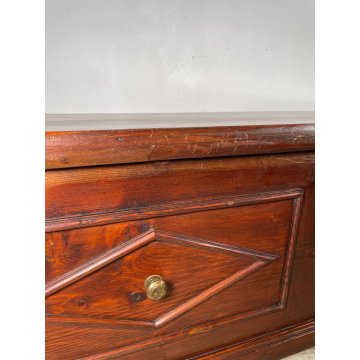 ANTICA CASSAPANCA LEGNO ABETE EPOCA 1900 OLD WOOD CHEST FORMELLA DECORO ROMBO