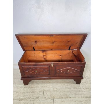 ANTICA CASSAPANCA LEGNO ABETE EPOCA 1900 OLD WOOD CHEST FORMELLA DECORO ROMBO