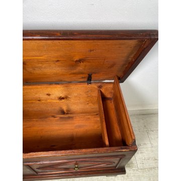 ANTICA CASSAPANCA LEGNO ABETE EPOCA 1900 OLD WOOD CHEST FORMELLA DECORO ROMBO
