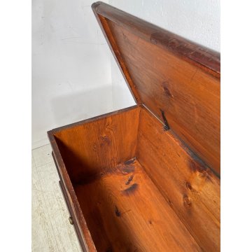 ANTICA CASSAPANCA LEGNO ABETE EPOCA 1900 OLD WOOD CHEST FORMELLA DECORO ROMBO