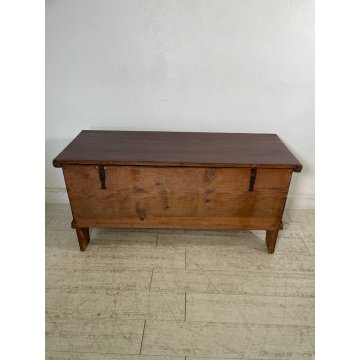 ANTICA CASSAPANCA LEGNO ABETE EPOCA 1900 OLD WOOD CHEST FORMELLA DECORO ROMBO