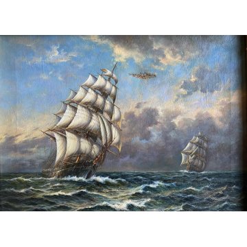 ANTICO QUADRO OLIO TELA PAESAGGIO MARINO NAVE CLIPPER VELIERI ALTO MARE BURRASCA