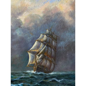 ANTICO QUADRO OLIO TELA PAESAGGIO MARINO NAVE CLIPPER VELIERI ALTO MARE BURRASCA