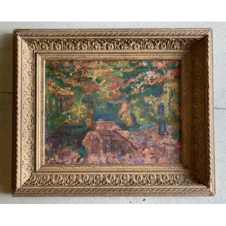 DIPINTO OLIO TAVOLA Jean Roussel VIALE ALBERATO PAESAGGIO IMPRESSIONISTA '900