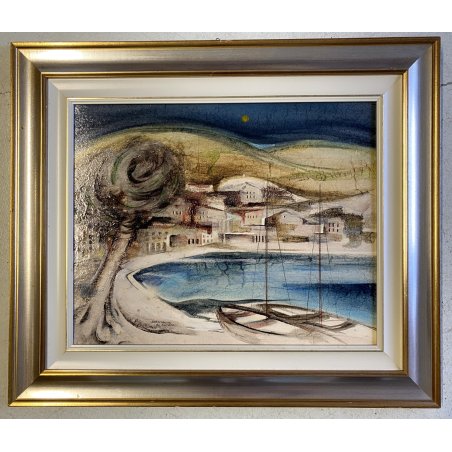 DIPINTO OLIO TELA Brescianini da Rovato PAESAGGIO MARINO BARCHE GOLFO '900