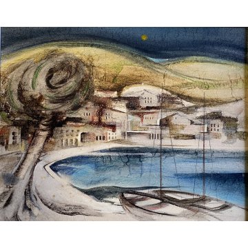 DIPINTO OLIO TELA Brescianini da Rovato PAESAGGIO MARINO BARCHE GOLFO '900