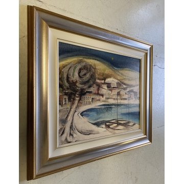 DIPINTO OLIO TELA Brescianini da Rovato PAESAGGIO MARINO BARCHE GOLFO '900