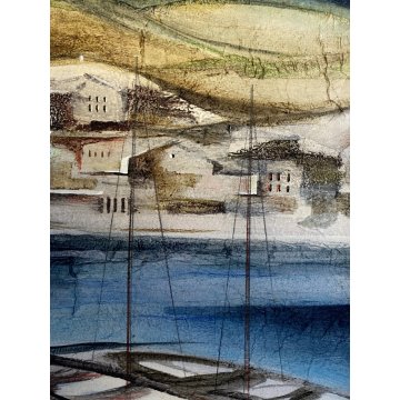DIPINTO OLIO TELA Brescianini da Rovato PAESAGGIO MARINO BARCHE GOLFO '900