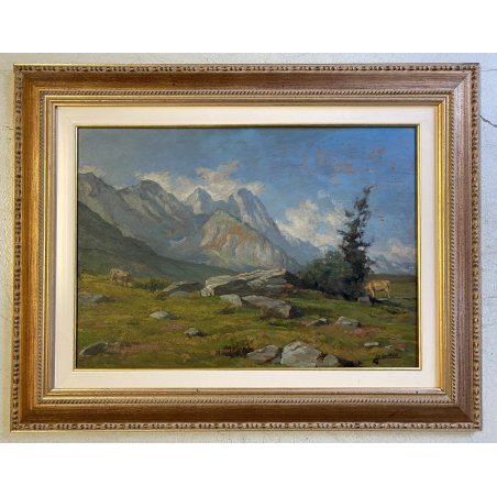 GRANDE QUADRO OLIO Gigi Comolli "Al Tonale" PAESAGGIO MONTANO VALICO ALPINO '51