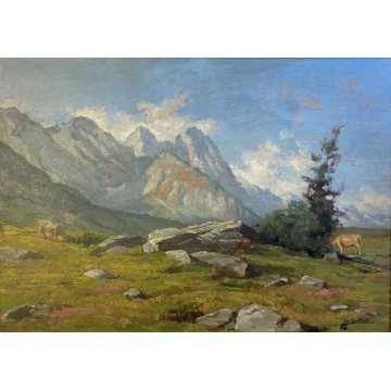 GRANDE QUADRO OLIO Gigi Comolli "Al Tonale" PAESAGGIO MONTANO VALICO ALPINO '51