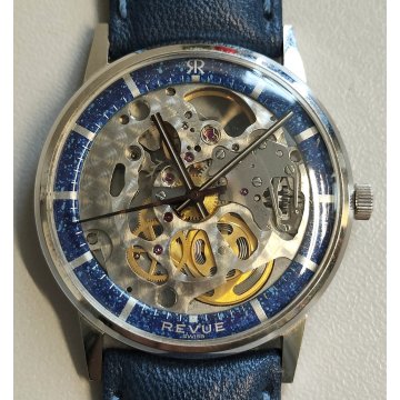 Revue Skeleton MSR 17 jewels OROLOGIO POLSO SCHELETRATO Vintage Wrist Watch BLU