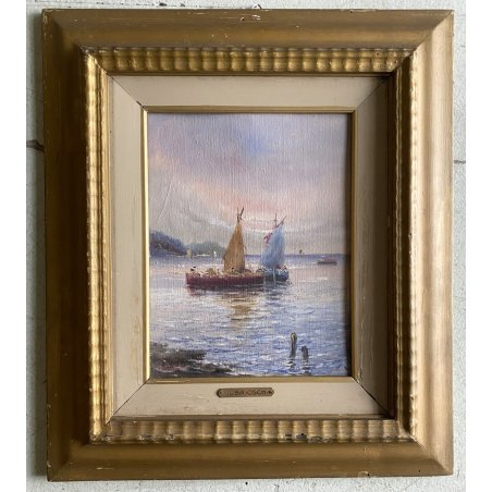 ANTICO DIPINTO A. Brioschi PAESAGGIO LACUSTRE BARCHE TRAMONTO PESCATORI '900