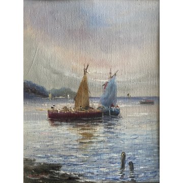 ANTICO DIPINTO A. Brioschi PAESAGGIO LACUSTRE BARCHE TRAMONTO PESCATORI '900