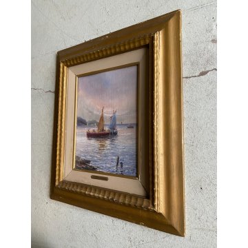 ANTICO DIPINTO A. Brioschi PAESAGGIO LACUSTRE BARCHE TRAMONTO PESCATORI '900