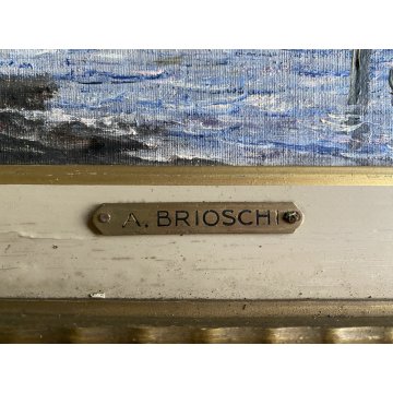 ANTICO DIPINTO A. Brioschi PAESAGGIO LACUSTRE BARCHE TRAMONTO PESCATORI '900