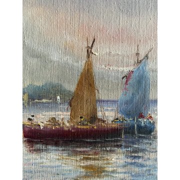 ANTICO DIPINTO A. Brioschi PAESAGGIO LACUSTRE BARCHE TRAMONTO PESCATORI '900